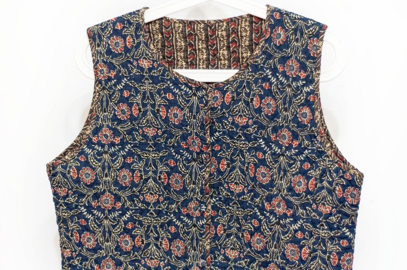 木刻印纯棉背心 印度棉有机棉 手工盖印拼接无袖棉外套-蓝染花朵 - 女装背心 - 棉．麻 多色