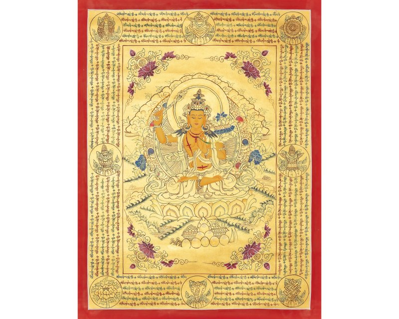 金色文殊菩萨唐卡——饰以金箔的正宗喜马拉雅绘画 - 墙贴/壁贴 - 其他材质 多色