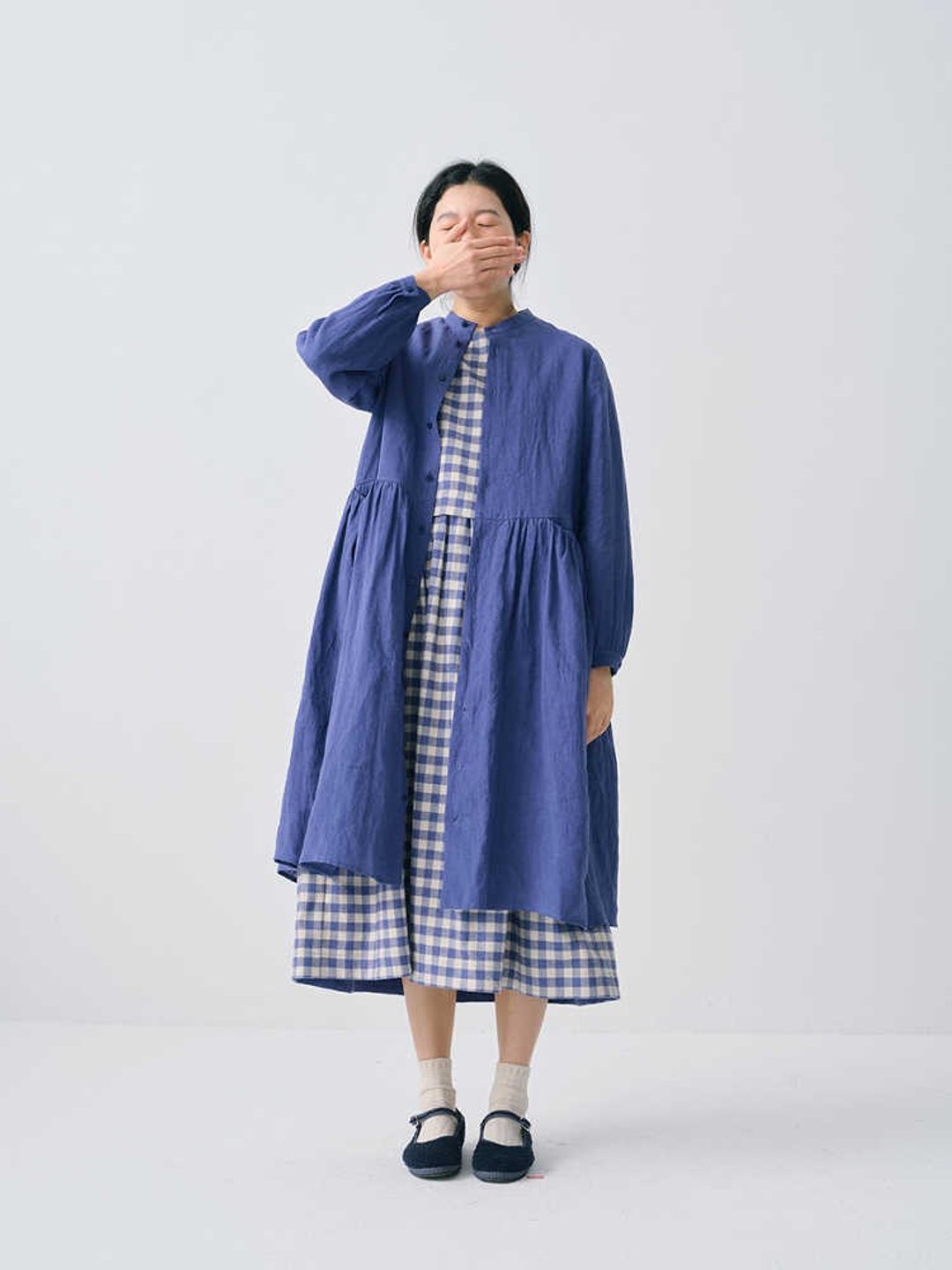 宽松百搭蓝紫色亚麻中长款衬衫裙洋装 - 洋装/连衣裙 - 棉 多色