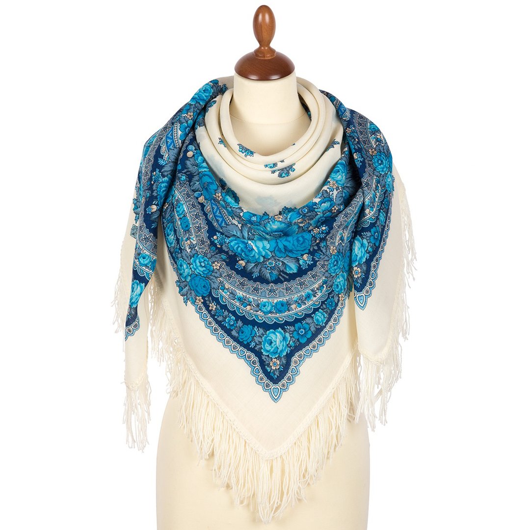 Pavlovo Posad Russian Shawl 100% Wool Scarf 125x125 cm Woolen Fringe 1901-0 - 丝巾 - 羊毛 多色