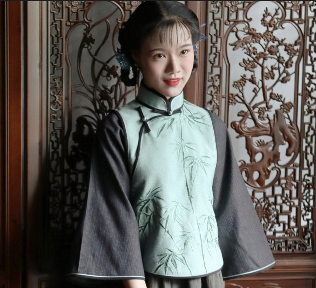 【修文】民国复古风 新中式假两件倒大袖复古旗袍上衣 - 女装上衣 - 棉 绿色
