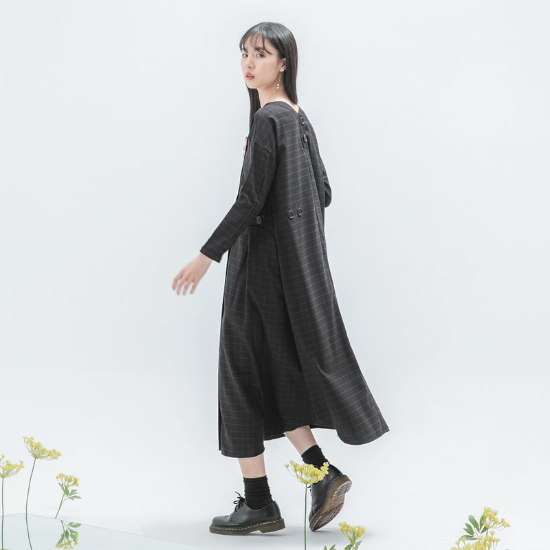 【经典原创】Lonely_孤寂造型大口袋洋装_CLD508_黑底红格 - 洋装/连衣裙 - 聚酯纤维 黑色