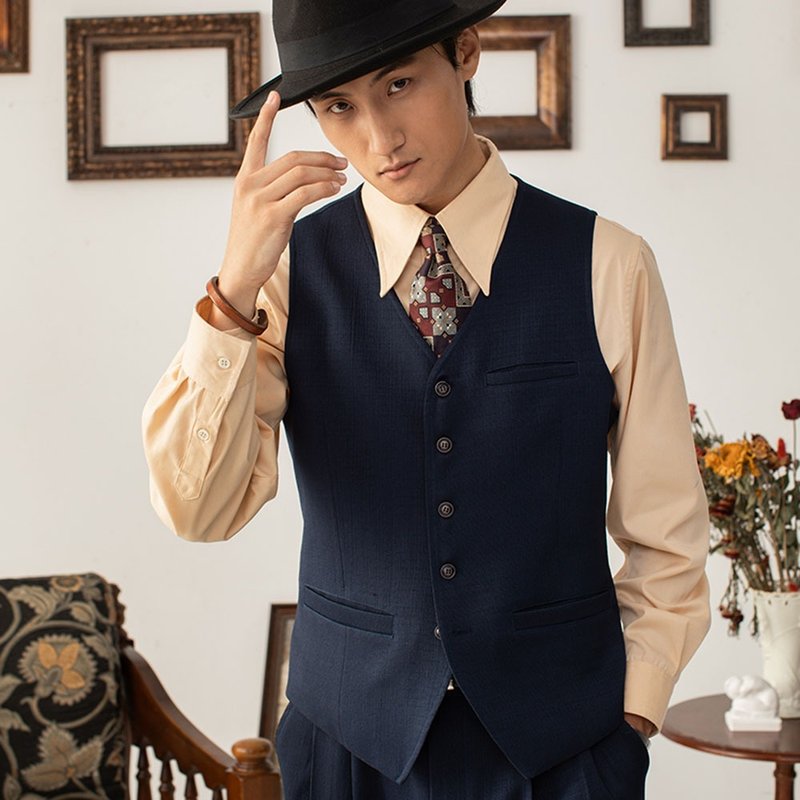 SOARIN英伦复古混纺V领西装马甲(2432B78) - 男装背心 - 棉．麻 蓝色