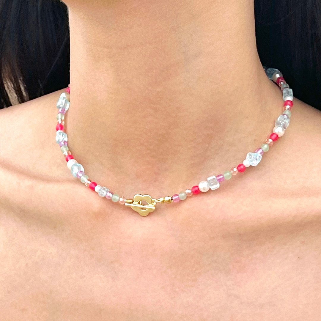 项链 La Bella • 18K金饰品 • 蓝粉色花玛瑙 - 项链 - 24k 金 多色