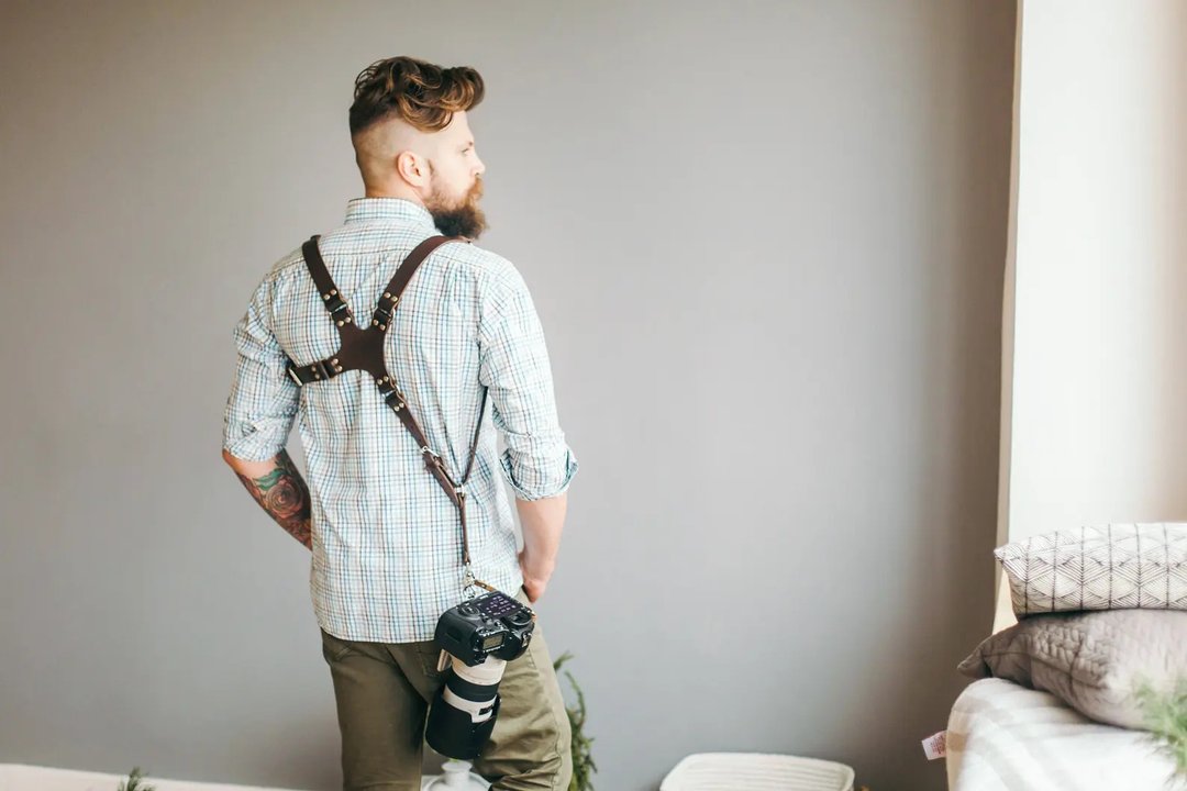 Dual Camera Harness with stainless steel carbines, Dual Camera Strap, Leather Ca - 皮带/腰带 - 真皮 咖啡色