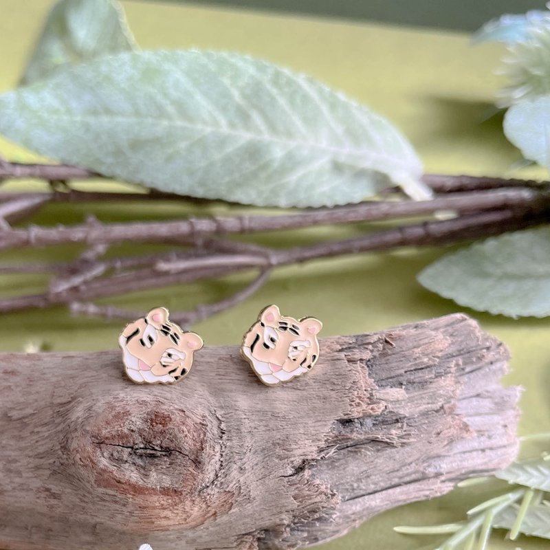 老虎 虎年收藏 新年礼物 华南虎 濒临绝迹 夹式耳环 生日礼物 - 耳环/耳夹 - 珐琅 黄色