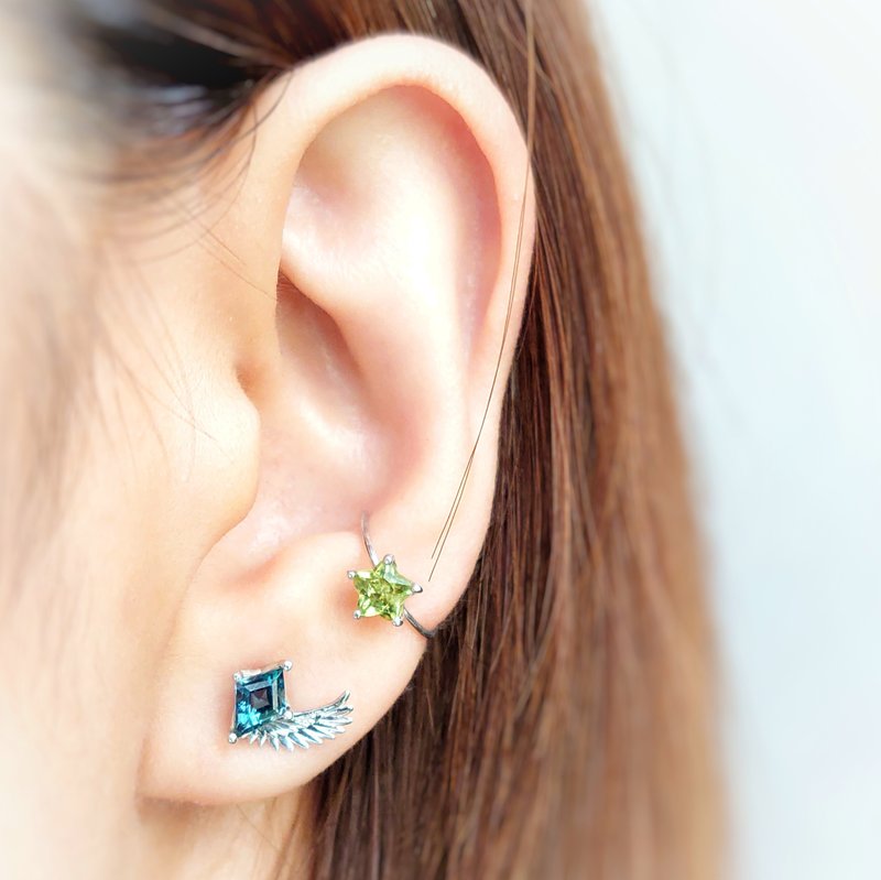 飞翔小翼菱形伦敦蓝托帕石电镀18K白金纯银耳环 - 耳环/耳夹 - 纯银 蓝色