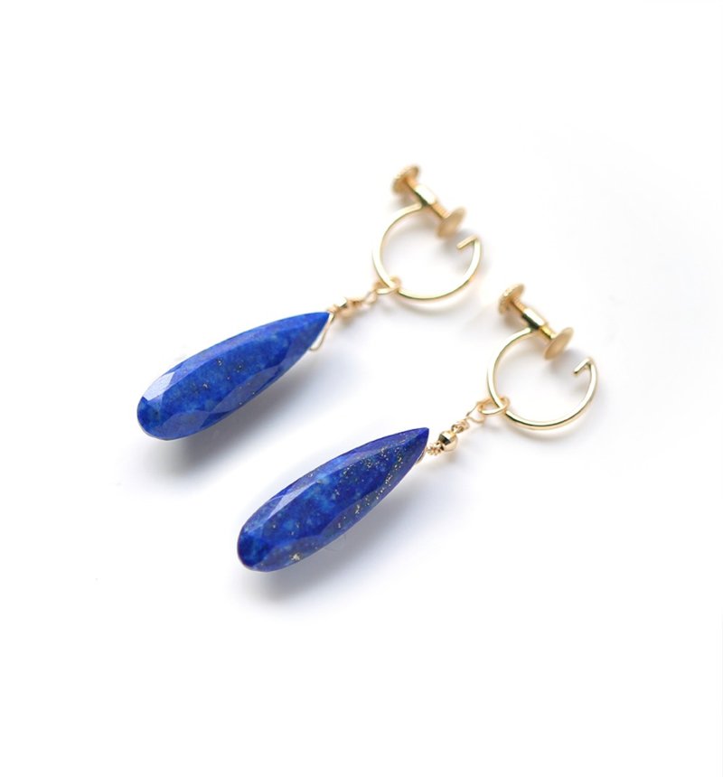 December birthstone Lapis lazuli (long pair shape) K18 Clip-On ~RADIANT MOMENTS~ - 耳环/耳夹 - 宝石 蓝色