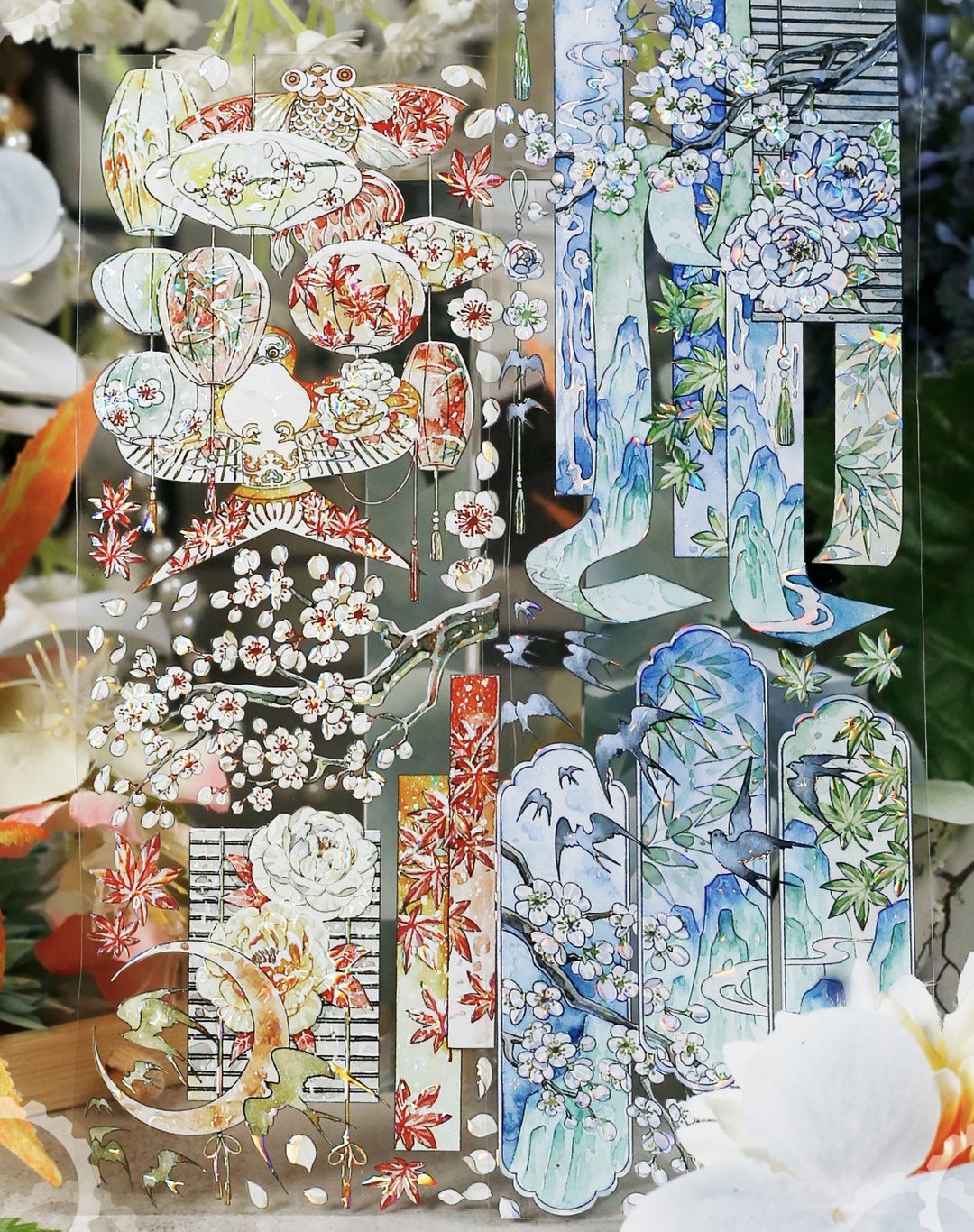 青山胭脂雪 東方古風庭園造景 PET 和紙膠帶 貝殼光 10米卷 - 纸胶带 - 其他材质 多色