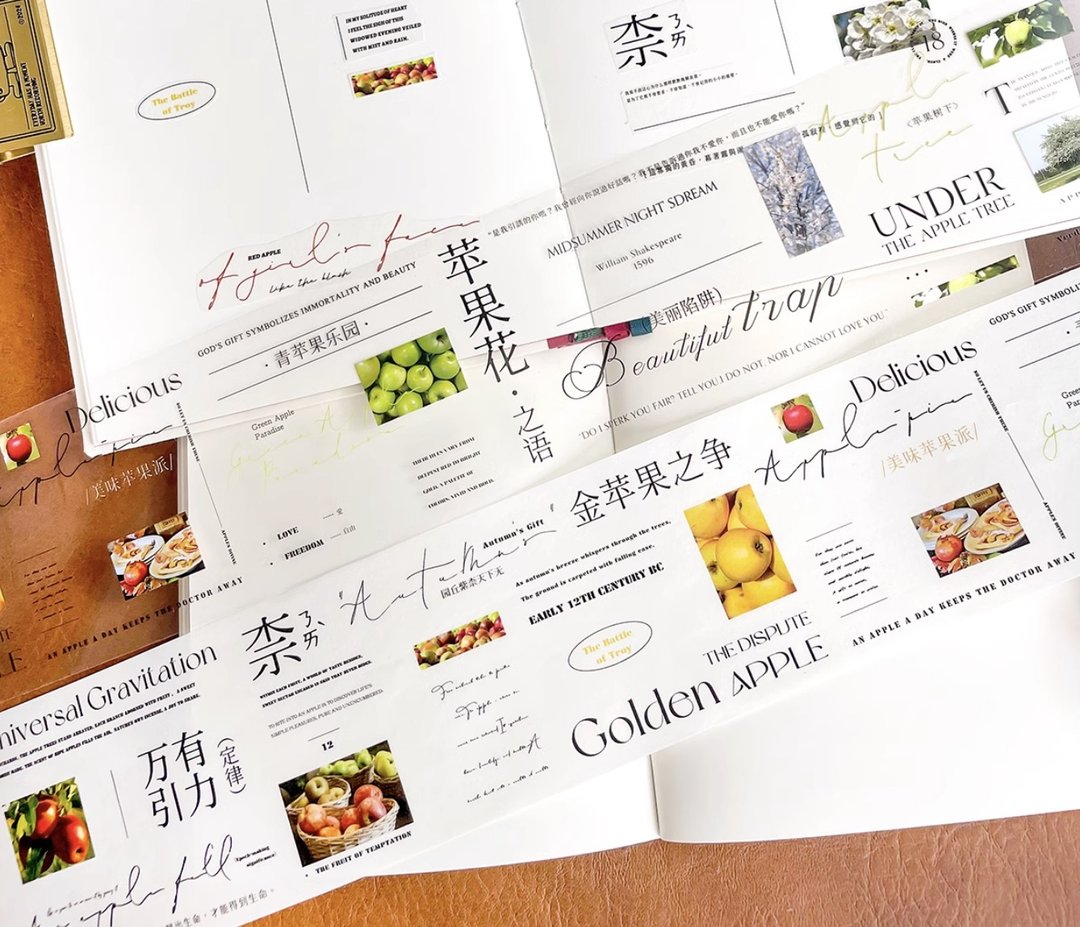 苹果詩 輕復古文字字素 (英文中文日文) PET 和紙膠帶 - 纸胶带 - 其他材质 多色