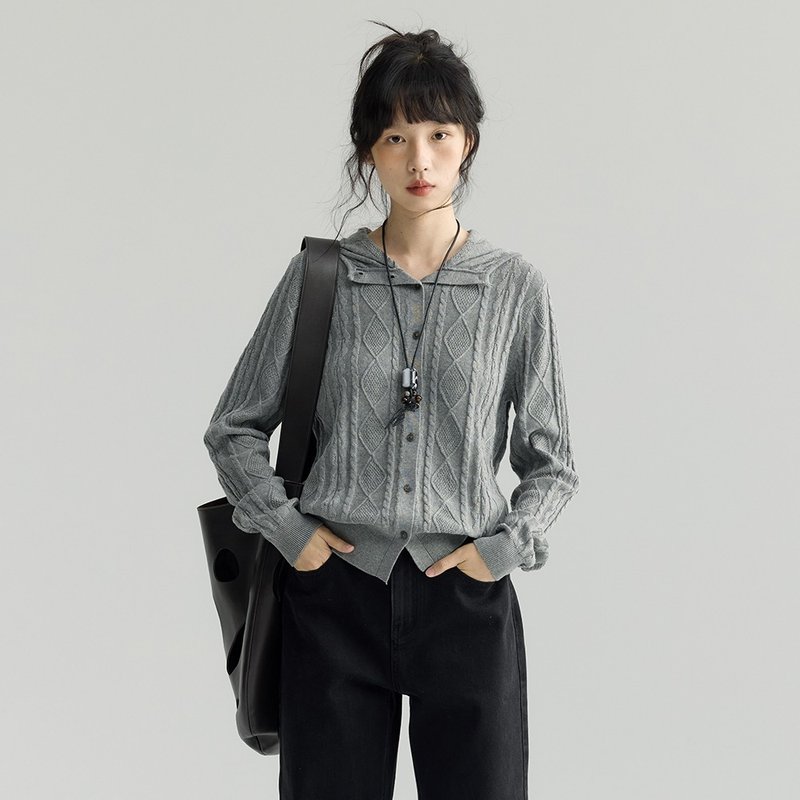 绞花连帽薄开衫|针织衫|两色|秋款|Sora-1899 - 女装针织衫/毛衣 - 棉．麻 多色