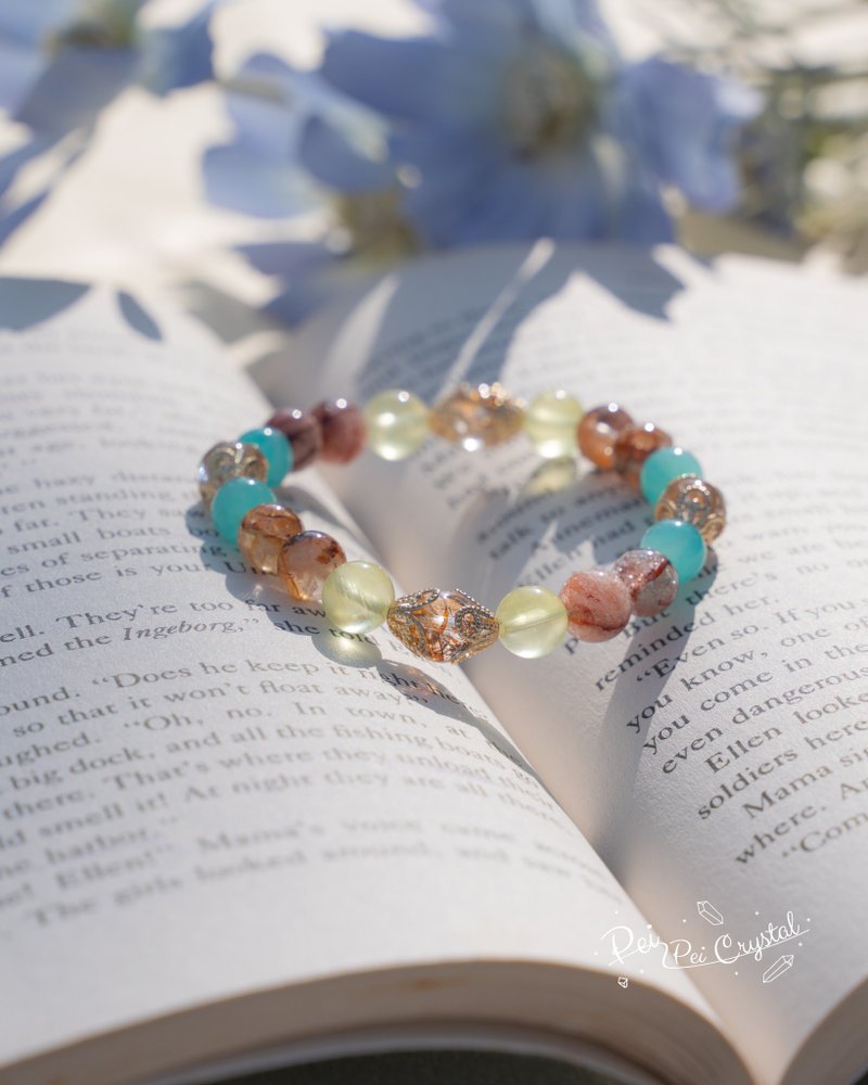 天河石 金箔胶花 金葡萄 天然水晶手链 蓝绿清透款 - 手链/手环 - 水晶 多色