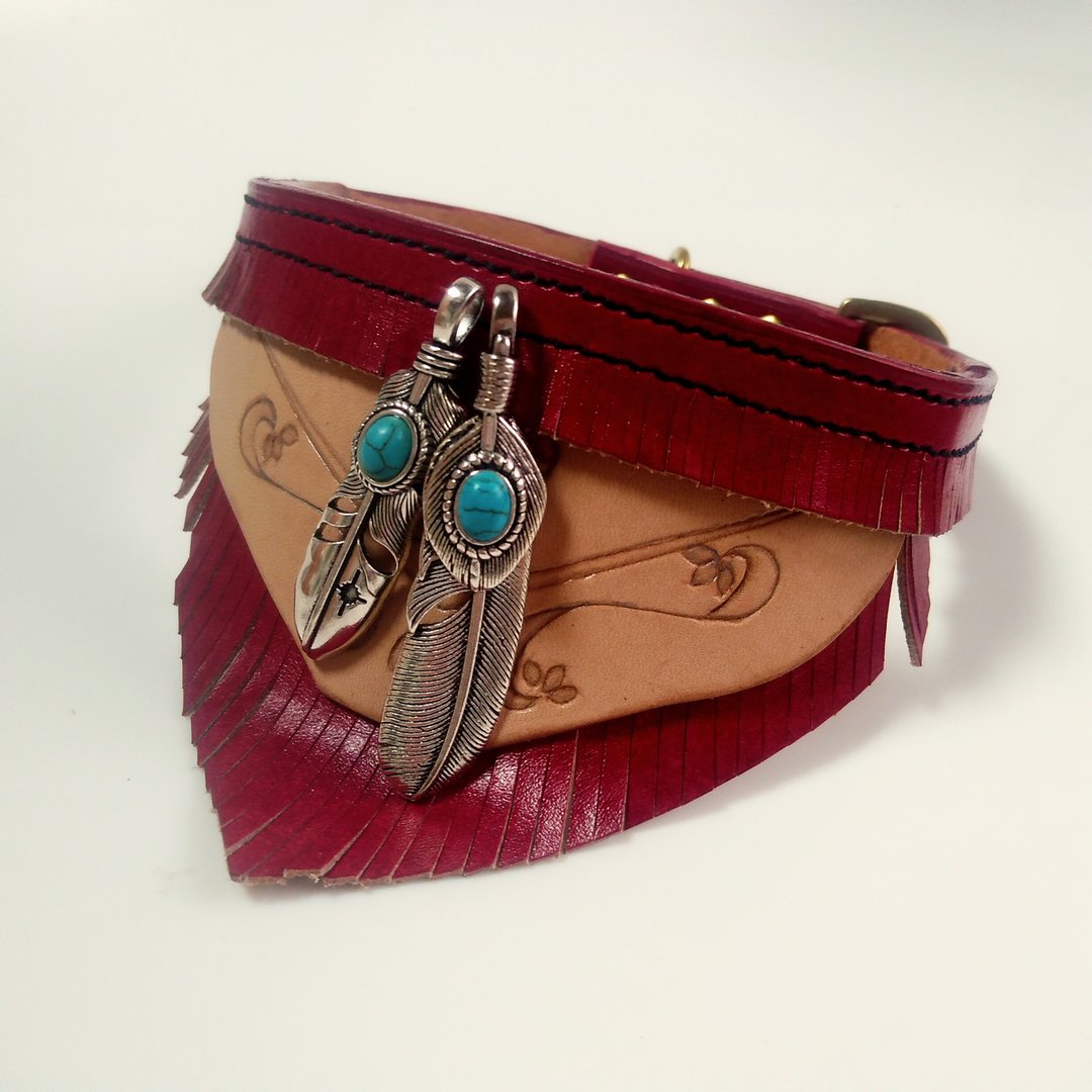 Genuine leather-hand-dyed-hand-stitched-dog bandana dog collar--with feather charm-M-size-red - 订制抱枕/饰品 - 真皮 红色