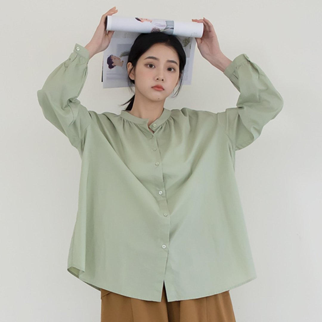 亲肤棉质棉质蓬感罩衫 绿  F - 女装衬衫 - 棉．麻 绿色