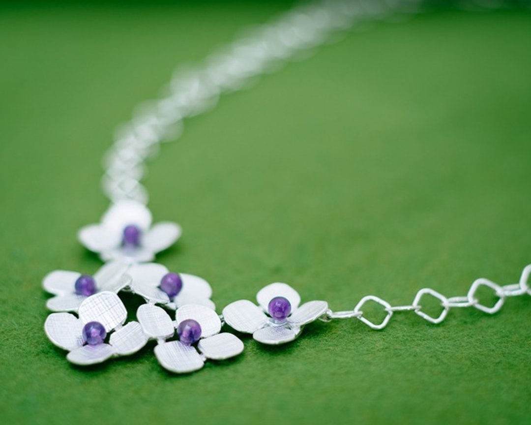 Hydrangea - necklace - statement - silver - amethyst - purple - hypoallergenic - 项链 - 其他金属 银色