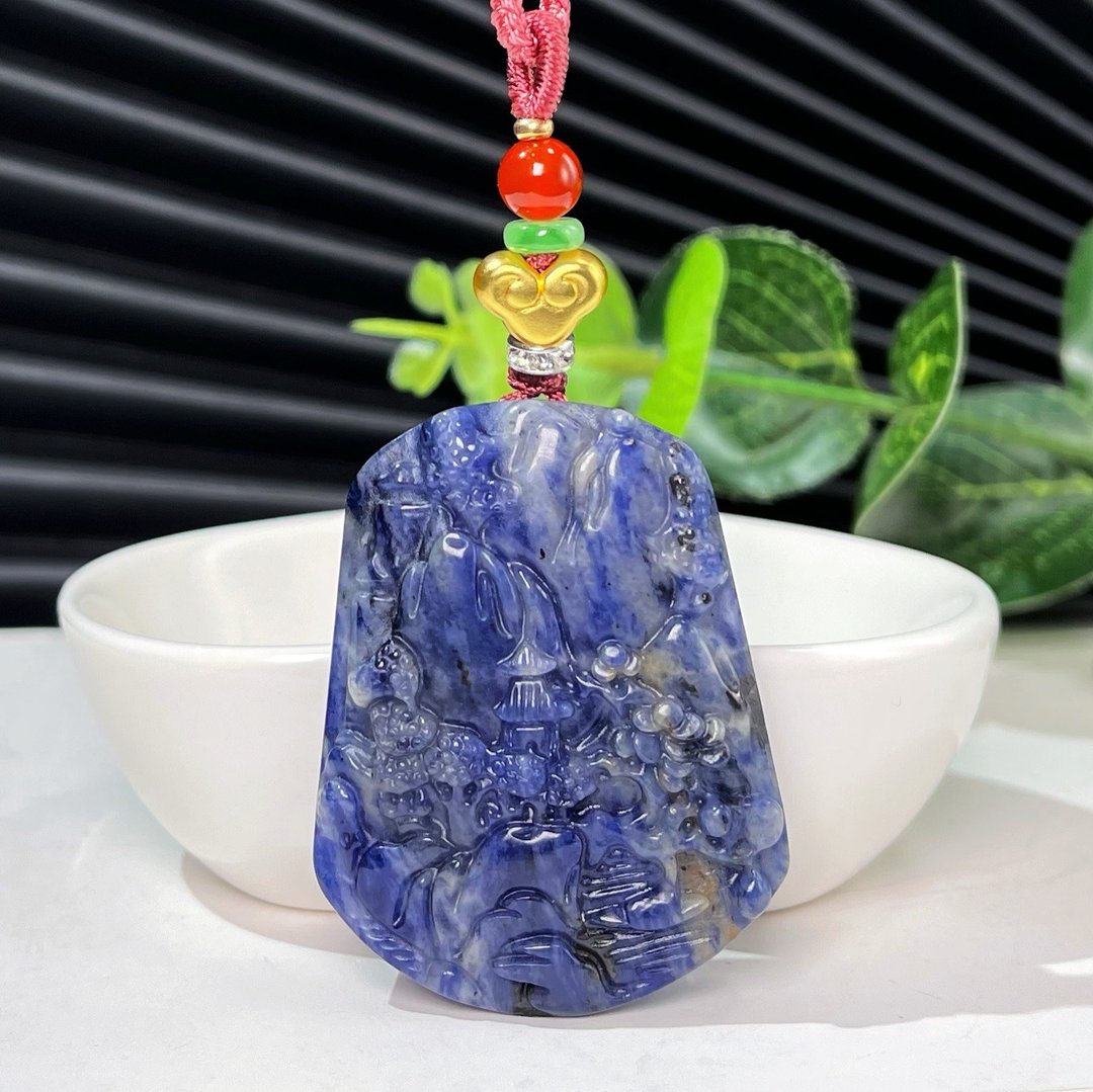 天然蓝纹玉牛仔蓝山水意境牌吊坠 蓝白流水纹高山流水项链 静谧 - 项链 - 半宝石 蓝色
