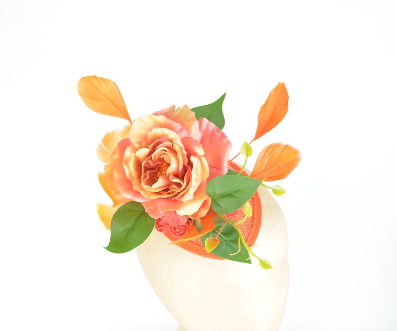 橘色大朵丝质玫瑰与造型羽毛头饰 - 发饰 - 其他材质 橘色