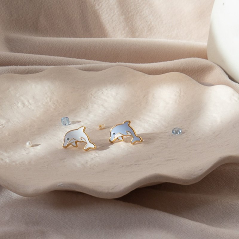 海豚 Dolphin 海洋系列 耳夹 医疗钢针 生日礼物 纸盒包装 - 耳环/耳夹 - 珐琅 蓝色