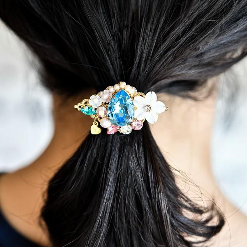 Freshwater Pearl Shell Flower Bijou Pony Hook Hair Elastic Ornament Aquamarine Blue Version - 发饰 - 其他金属 蓝色