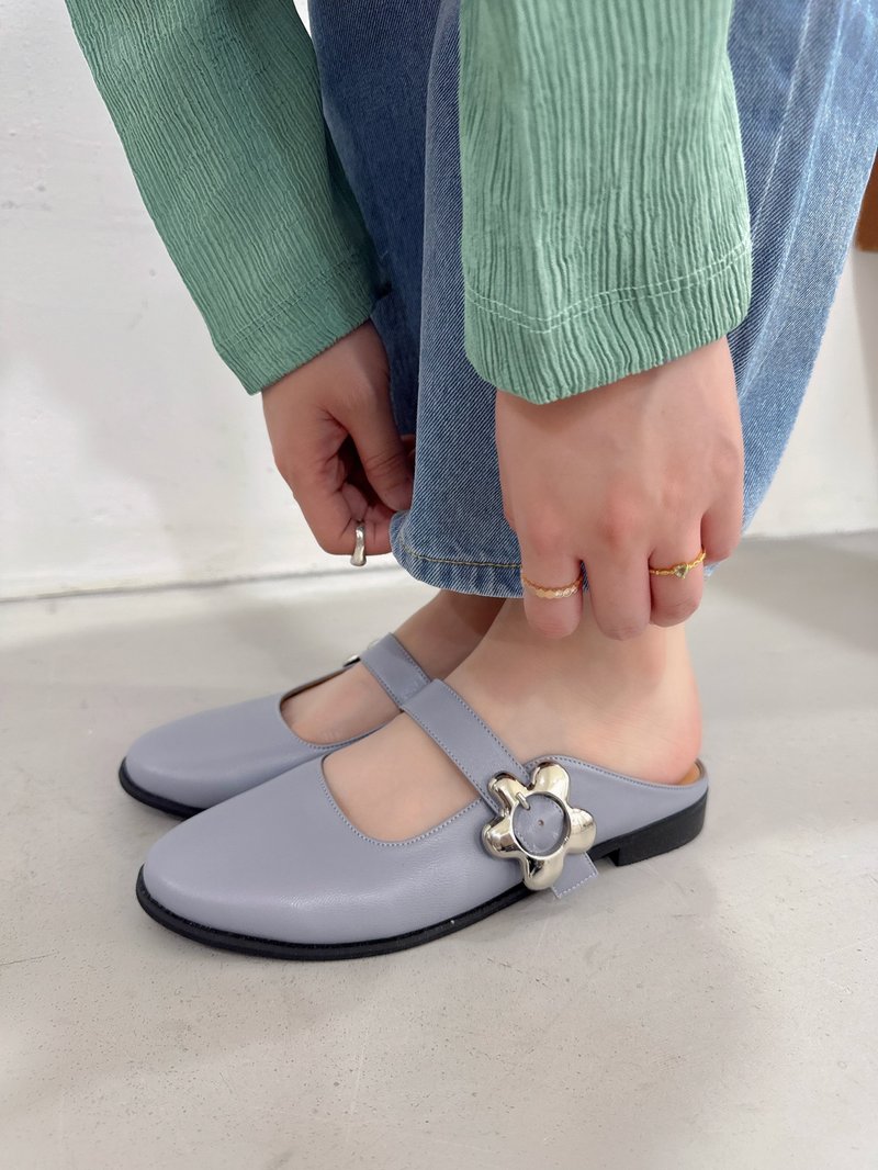 一套就走! 云朵花圈圈玛莉珍穆勒鞋 蓝 全真皮 MIT -蓝桔梗 - 芭蕾鞋/娃娃鞋 - 真皮 蓝色