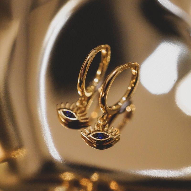 恶魔之眼迷你耳圈耳环 925纯银 18K金 抗过敏 可戴洗澡 不掉色 - 耳环/耳夹 - 纯银 