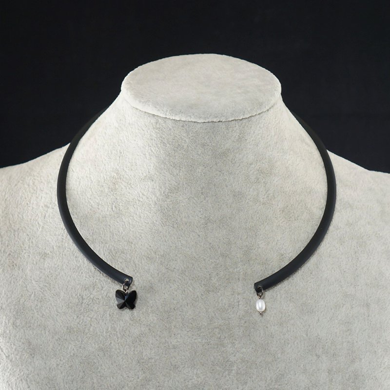 Black Metal Butterfly Crystal White Pearl Charm Choker Necklace Jewelry Gift - 颈链 - 其他材质 黑色