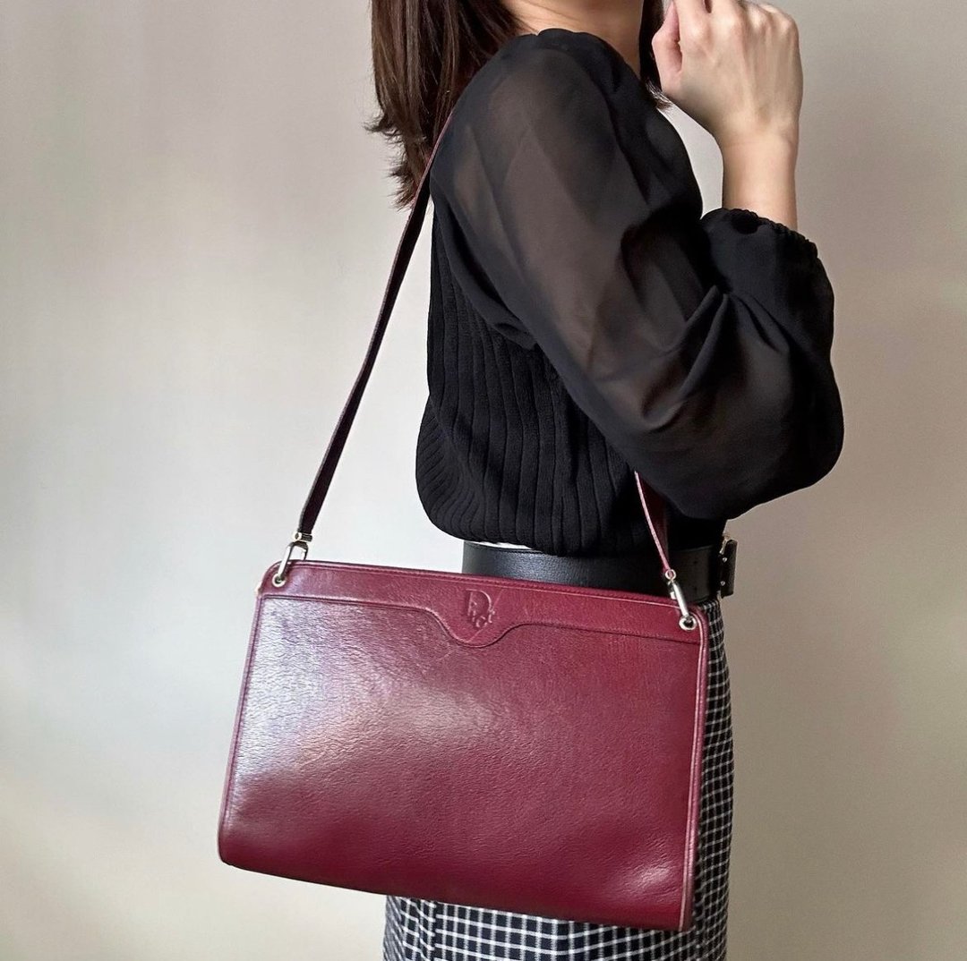 中古美品 Christian Dior 酒红色牛皮手袋 - 手提包/手提袋 - 真皮 红色