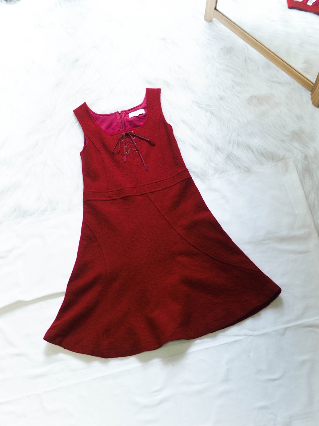 烈焰火红绑带方领大圆裙摆 古董羊毛毛料连身洋装长裙 dress - 洋装/连衣裙 - 羊毛 红色