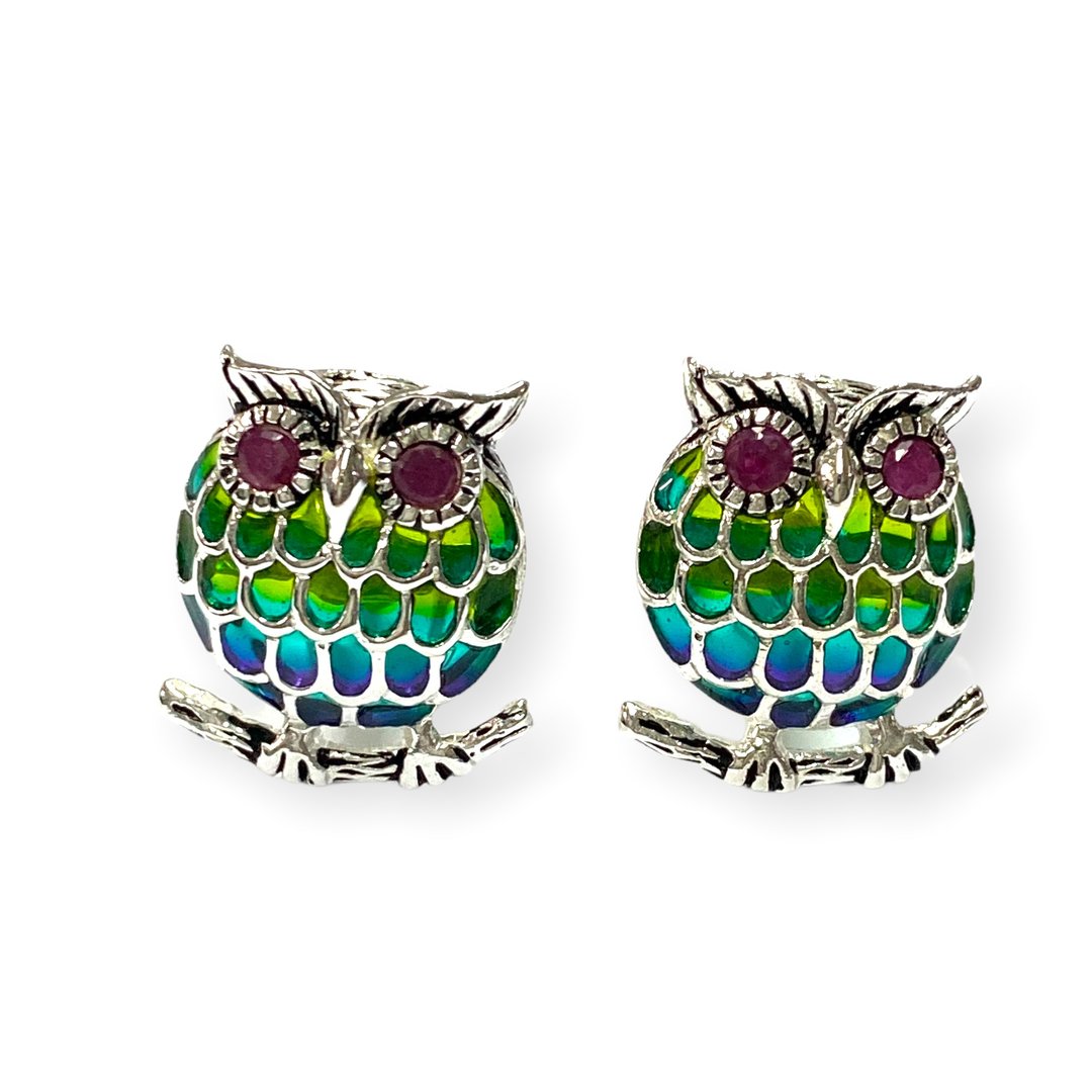 Art Nouveau Plique A Jour Owl with Ruby Cufflinks 925 Sterling Silver Mens Gift - 袖扣 - 纯银 