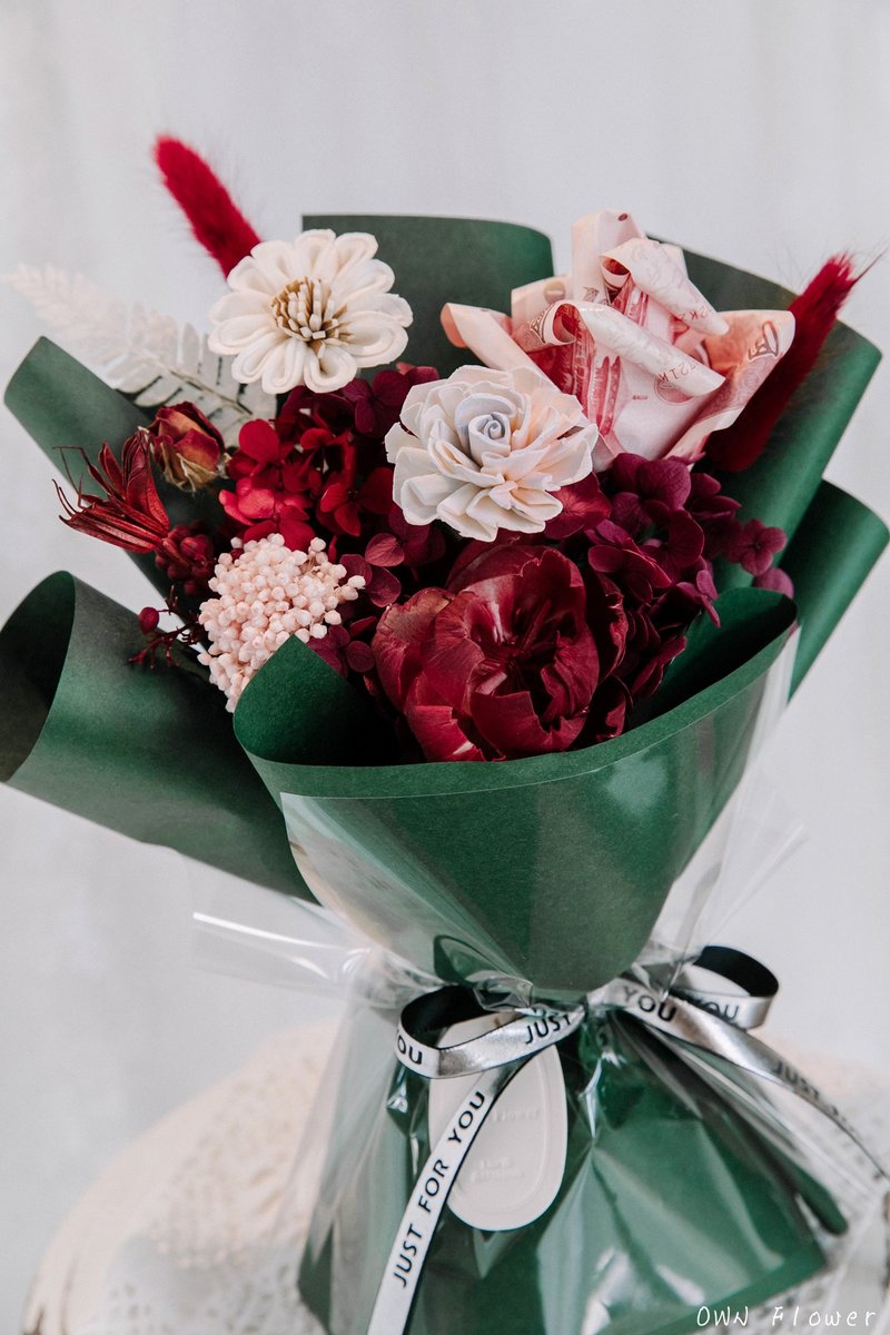 圣诞礼物/钞票花束/有钱花花束/钞票蛋糕/生日礼物/已含现金300元 - 干燥花/捧花 - 植物．花 绿色