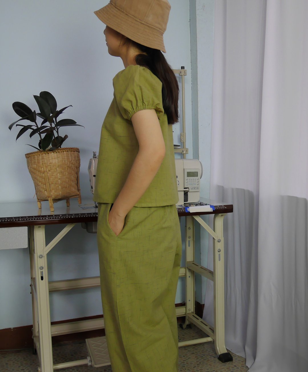 **Set** Handwoven cotton fabric shirt & pants (green) - 洋装/连衣裙 - 棉 绿色