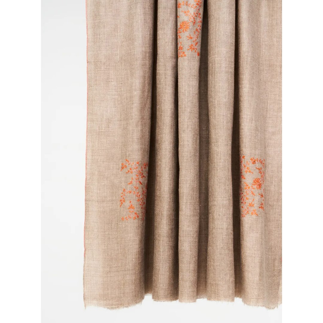 羊绒原色橘色花丛手工刺绣/克什米尔手工披肩100% Pashmina - 围巾/披肩 - 羊毛 卡其色