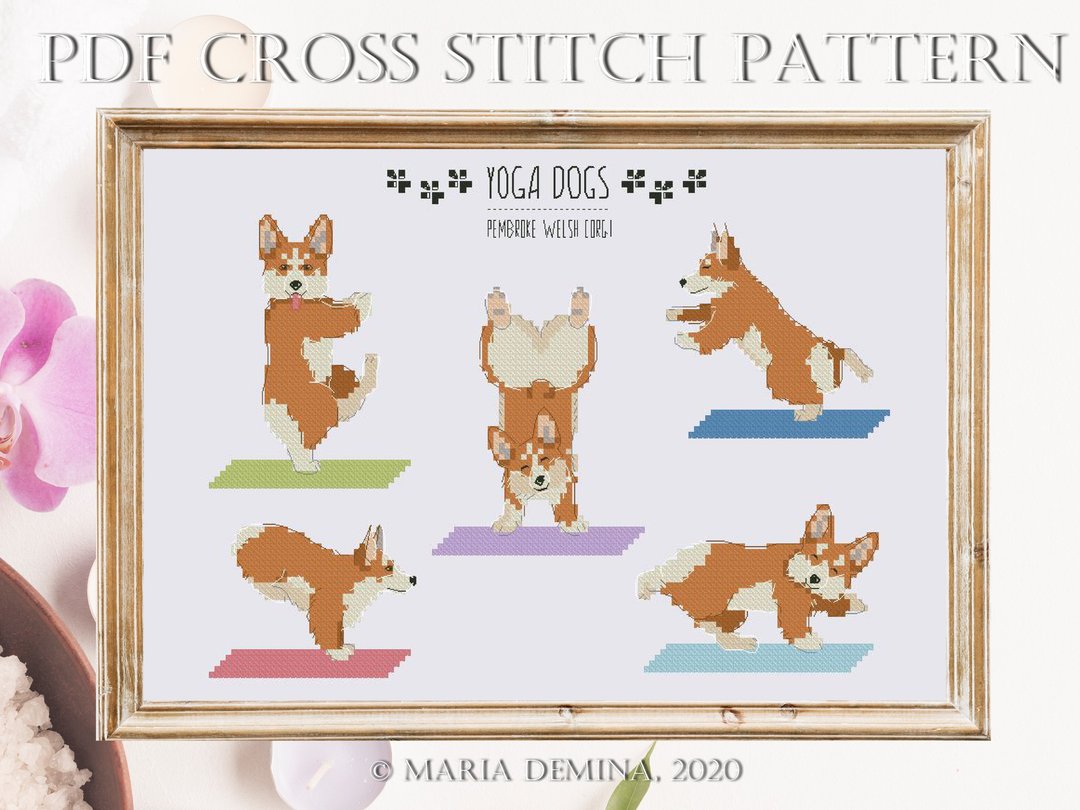 Pembroke Welsh Corgi Yoga modern PDF cross stitch pattern - 手工艺教程/工具书 - 其他材质 
