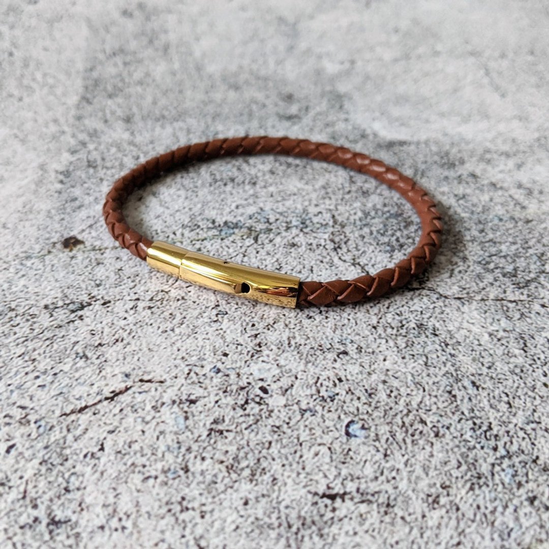 4mm K金色 316不锈钢扣件 驼色 德国制 真皮编织 - 手链/手环 - 真皮 咖啡色
