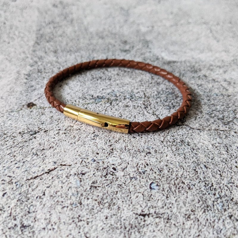 4mm K金色 316不锈钢扣件 驼色 德国制 真皮编织 - 手链/手环 - 真皮 咖啡色
