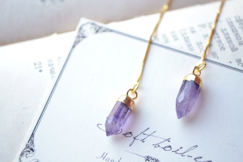 轻珠宝。紫水晶 锥形小坠 925纯银耳线耳环 【半熟少女】 - 耳环/耳夹 - 宝石 紫色