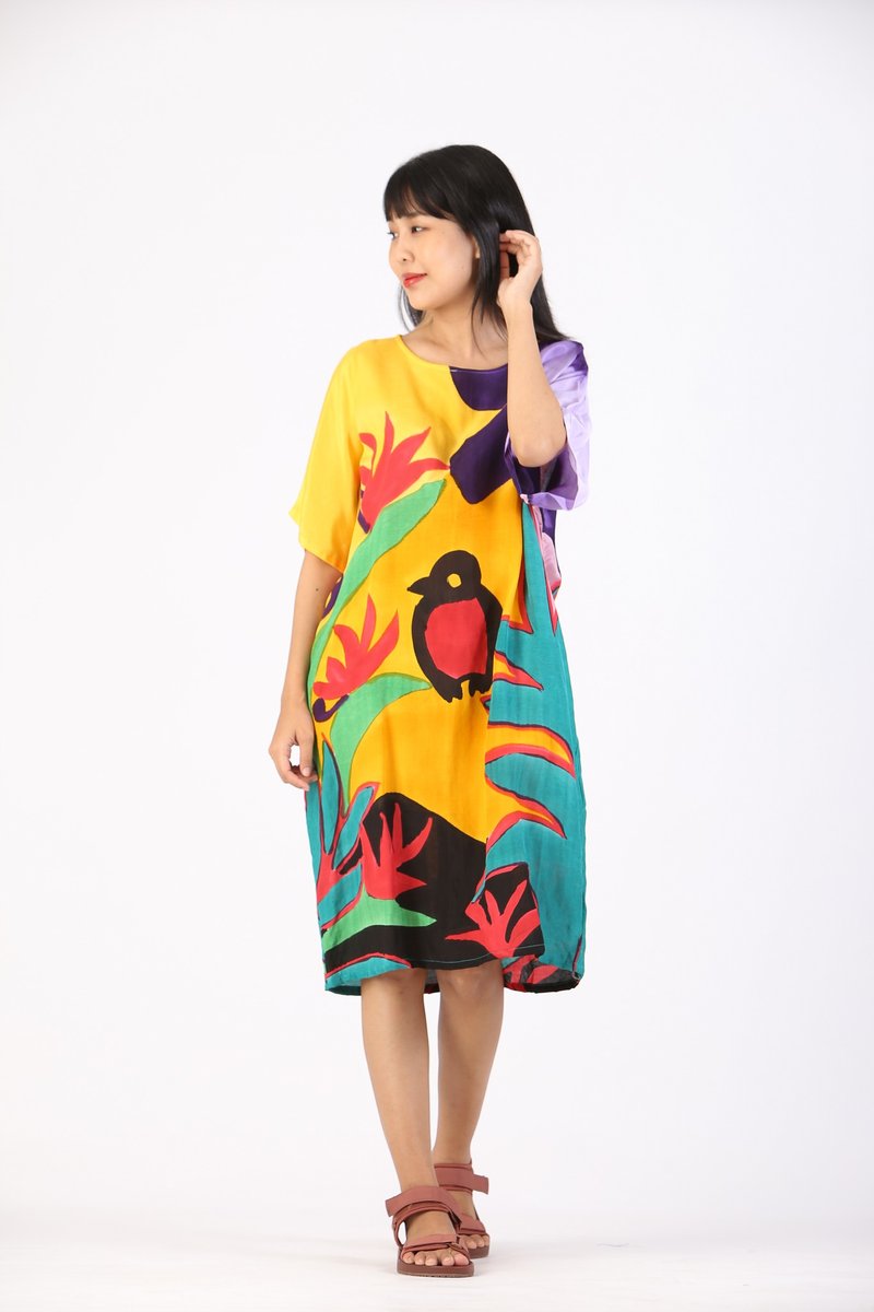 Short Dress Kaftan Cotton Silk Hand Paint Free Size - 洋装/连衣裙 - 棉．麻 黄色