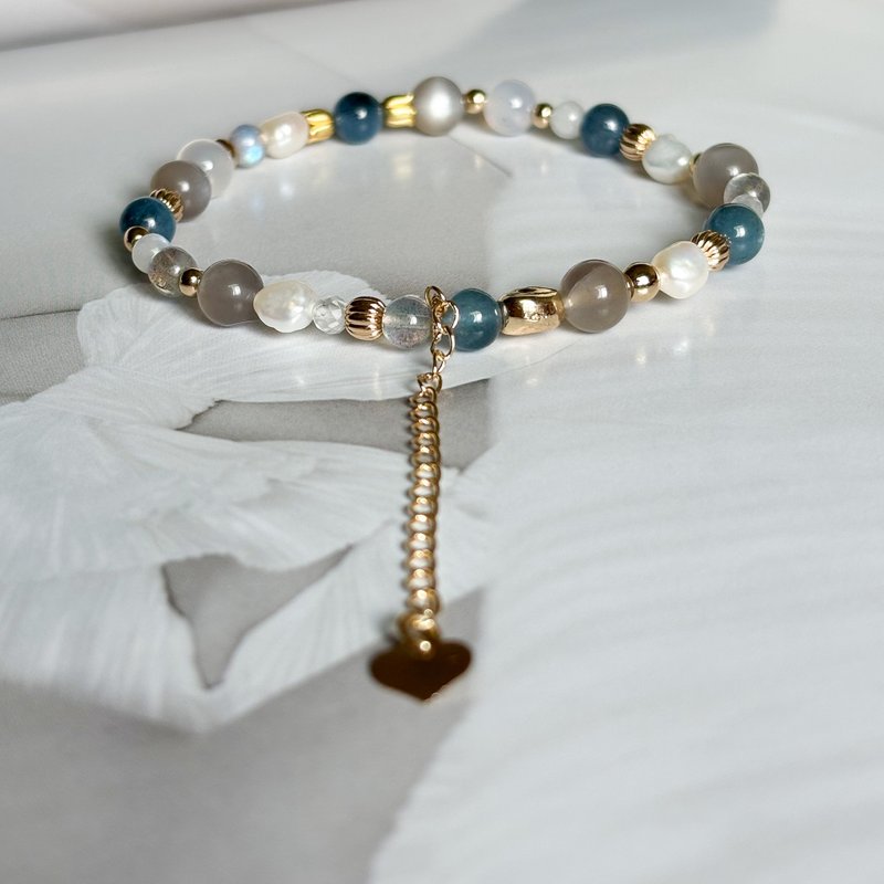 -鄂霍次克海的尽头-魔鬼海蓝宝.银月光石.拉长石.淡珍珠.能量水晶 - 手链/手环 - 水晶 蓝色