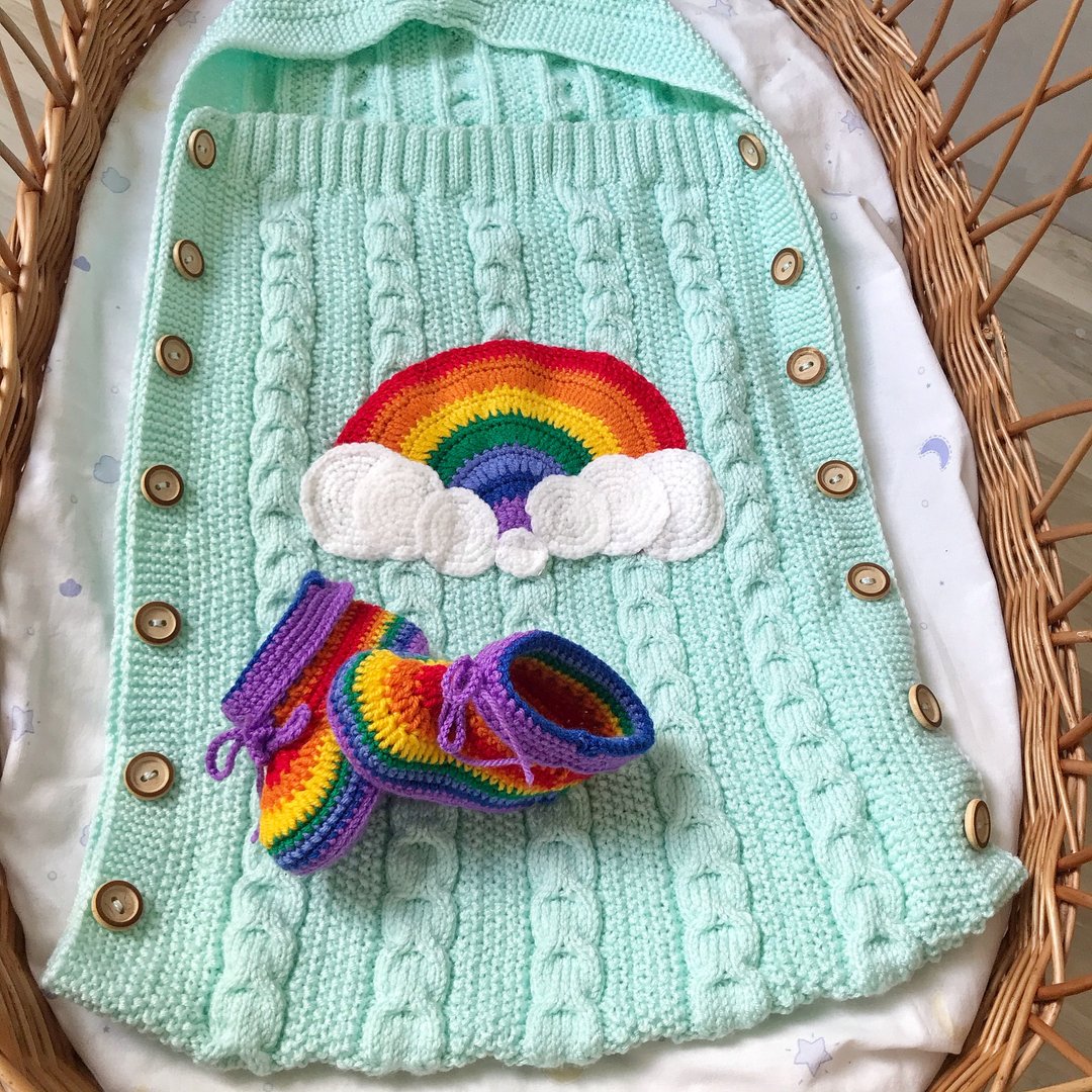 Rainbow knit baby blanket and booties, Sleep sack, Sleeping bag, Baby gift set - 婴儿床上用品 - 棉 蓝色