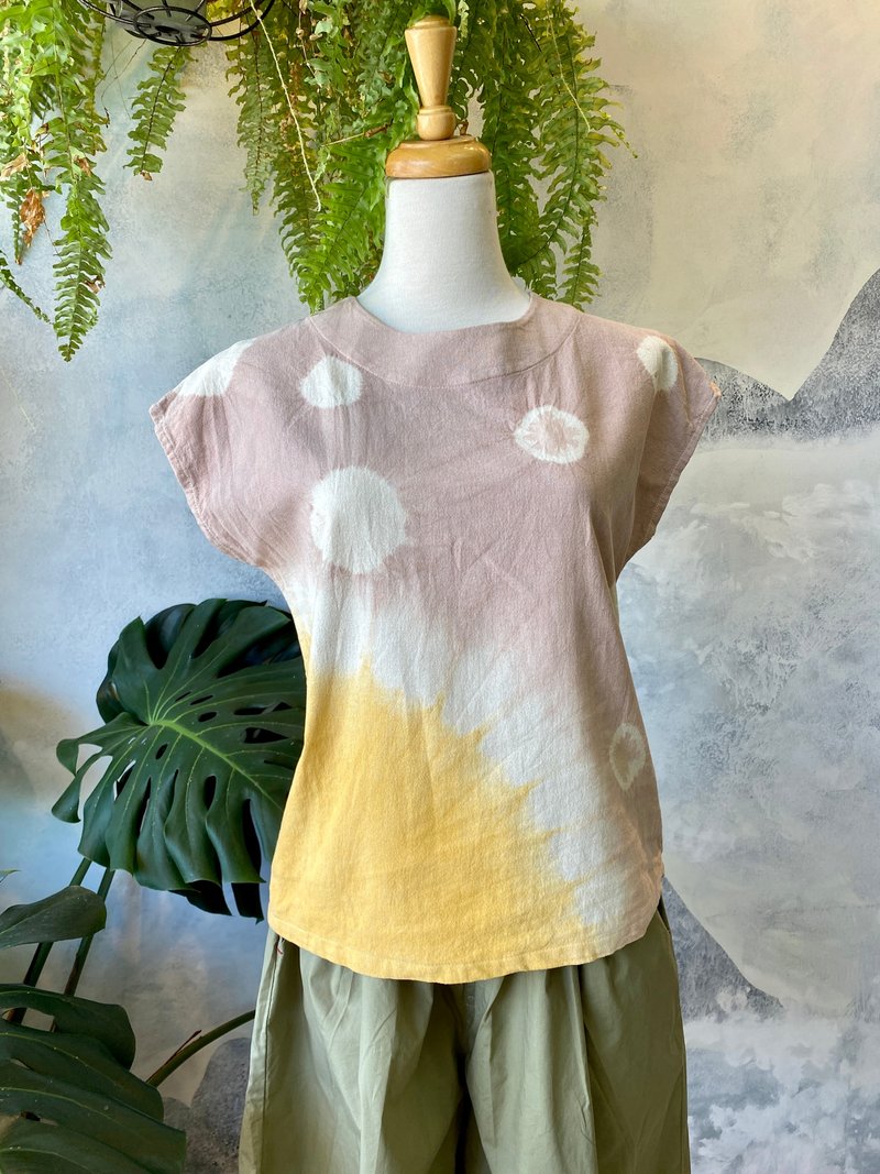 矿物泥染 点点  紫色 橘色 法式短袖圆领上衣 100%纯棉 - 女装上衣 - 棉．麻 橘色