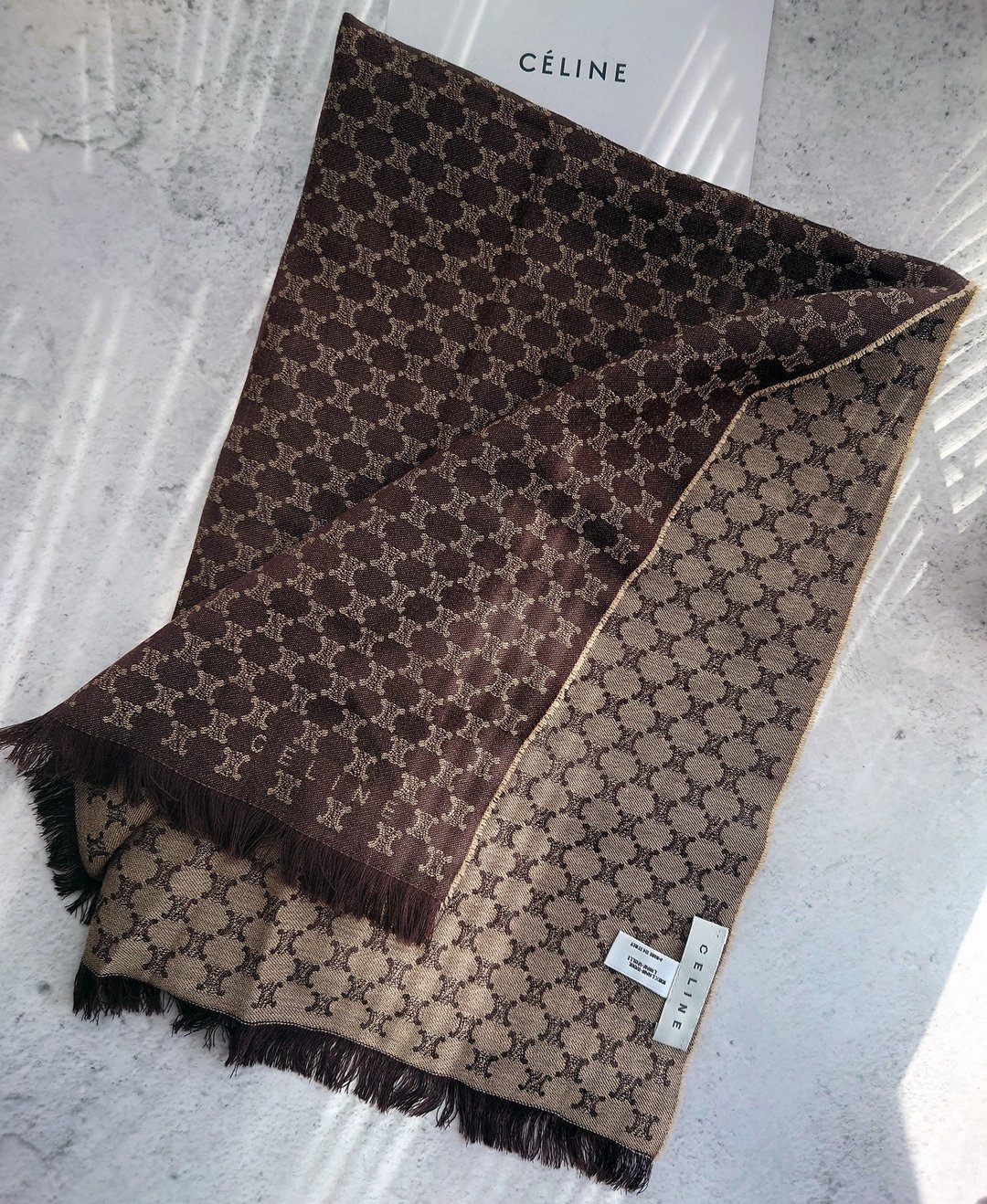 中古孤品 CELINE 老花凯旋门 羊毛 毛毯盖毯颈巾围巾领巾围脖披肩 - 围巾/披肩 - 羊毛 咖啡色