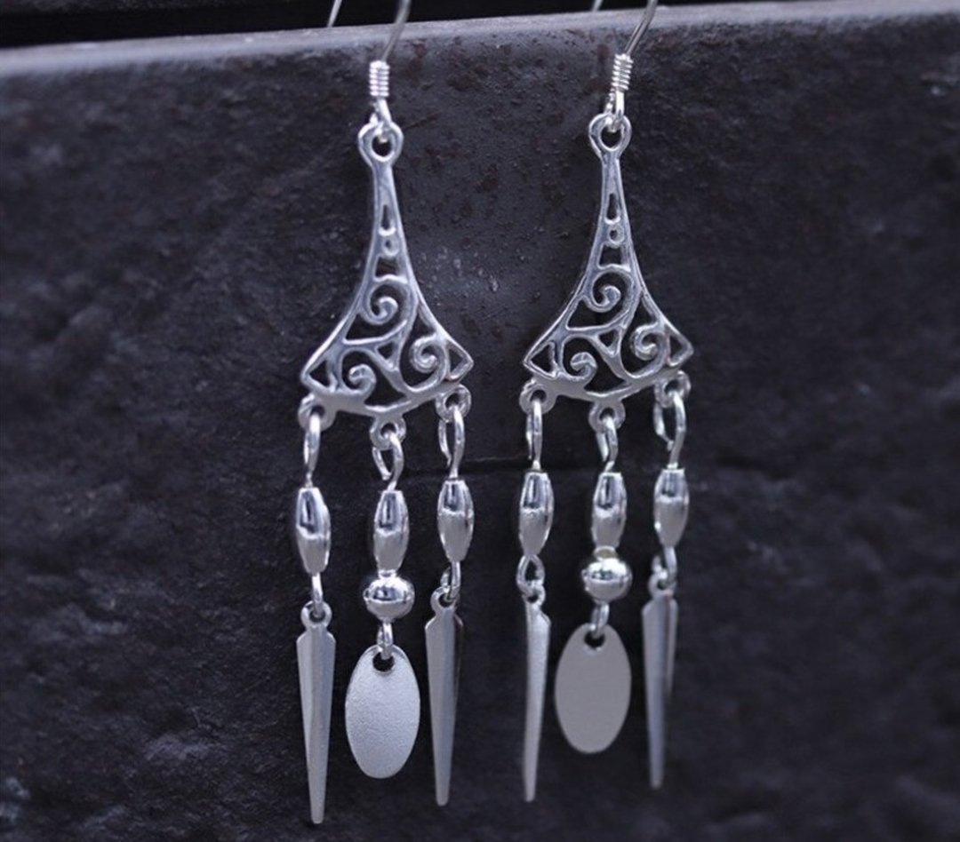 Real S925 Sterling Silver Women Bohemian Dangle Earrings Vintage Ethnic Nails - 耳环/耳夹 - 纯银 银色