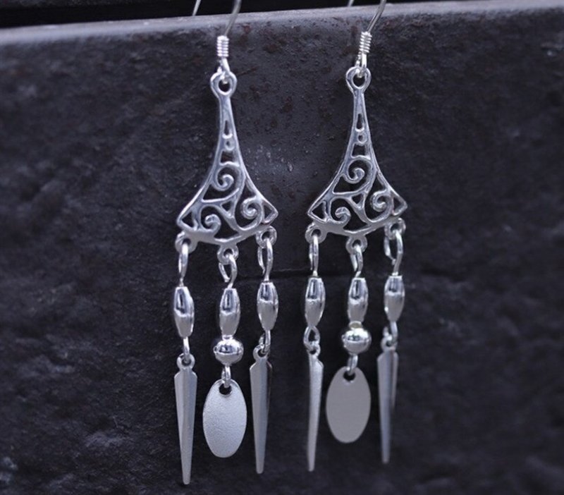 Real S925 Sterling Silver Women Bohemian Dangle Earrings Vintage Ethnic Nails - 耳环/耳夹 - 纯银 银色