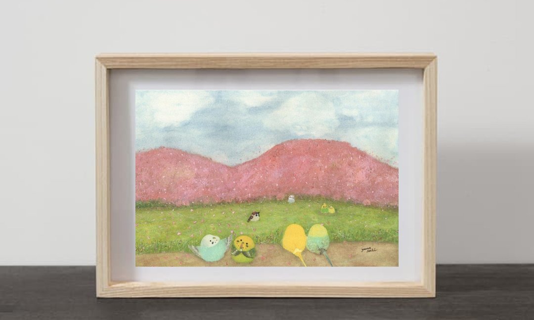 A4 樱花雨中的鹦鹉们 : 春日花卉自然风景画 水彩插画海报 - 海报/装饰画/版画 - 纸 粉红色