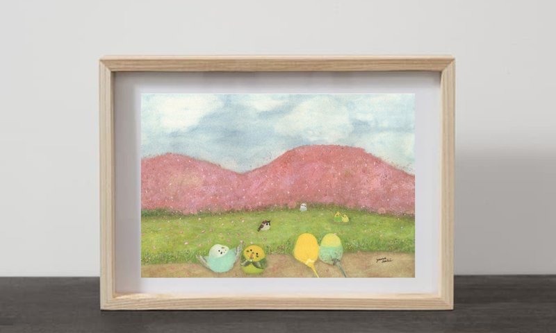 A4樱花暴风雪长尾小鹦鹉花痴自然山水画虎皮鹦鹉雀 - 海报/装饰画/版画 - 纸 粉红色