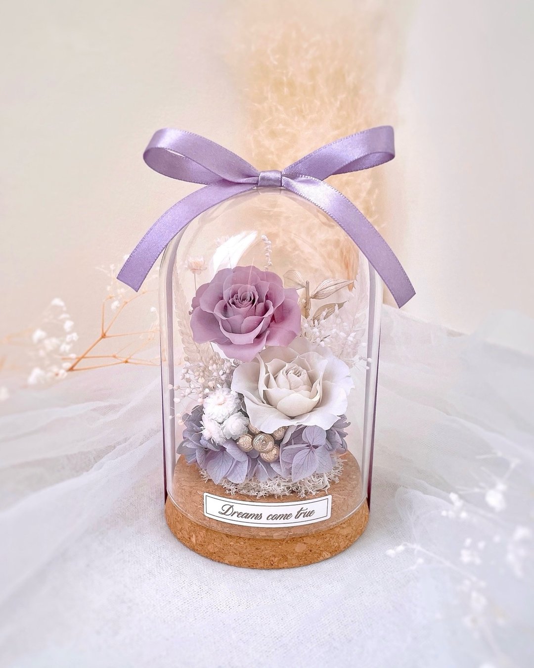 永生花玻璃盅 - 薰衣草紫 l 不凋花玻璃盅 日本玫瑰 情人节礼物 - 干燥花/捧花 - 植物．花 紫色