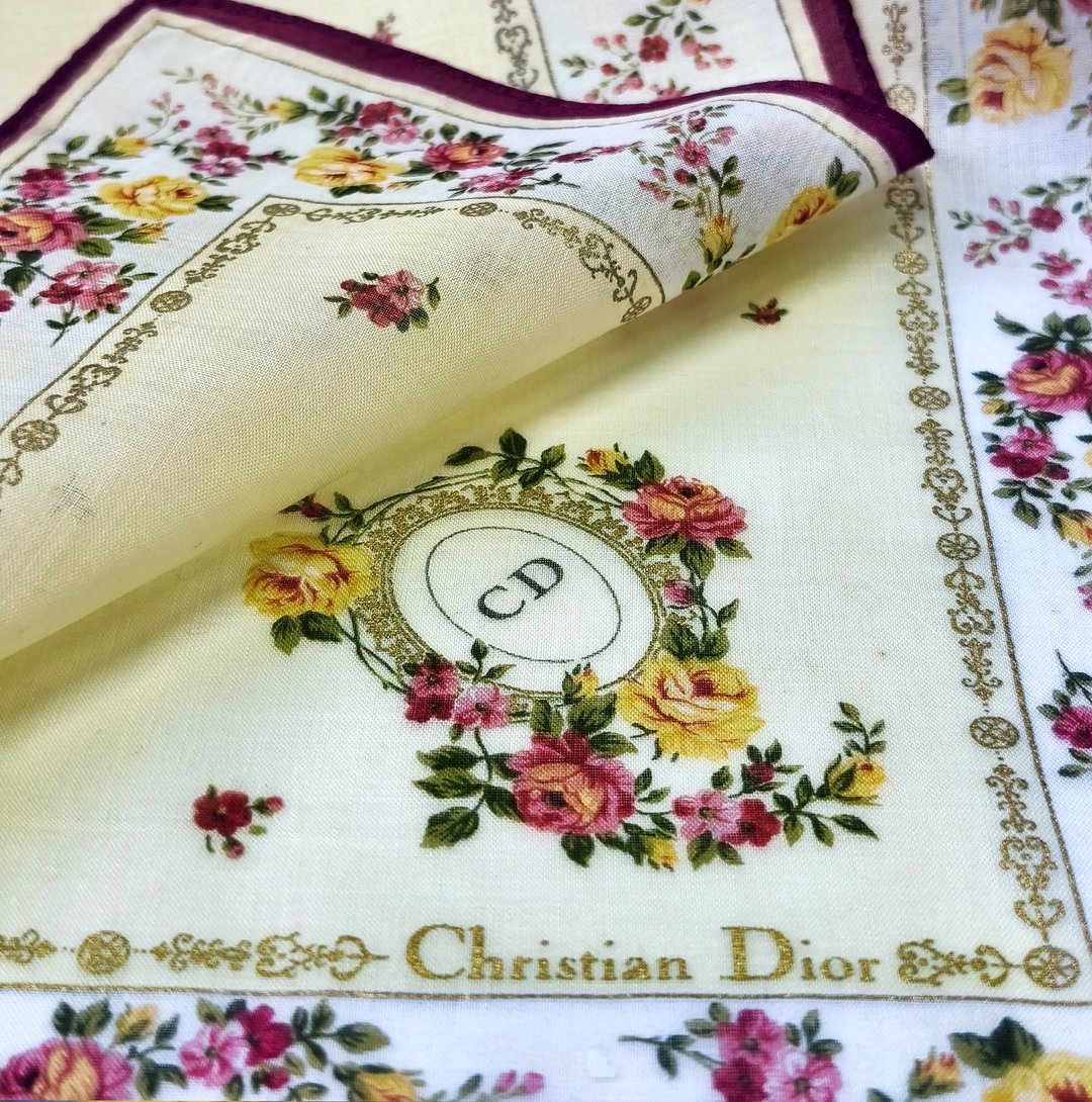 复古 Christian Dior 印花手帕 纯棉 金边 19 x 18.5 英寸 - 丝巾 - 棉．麻 粉红色