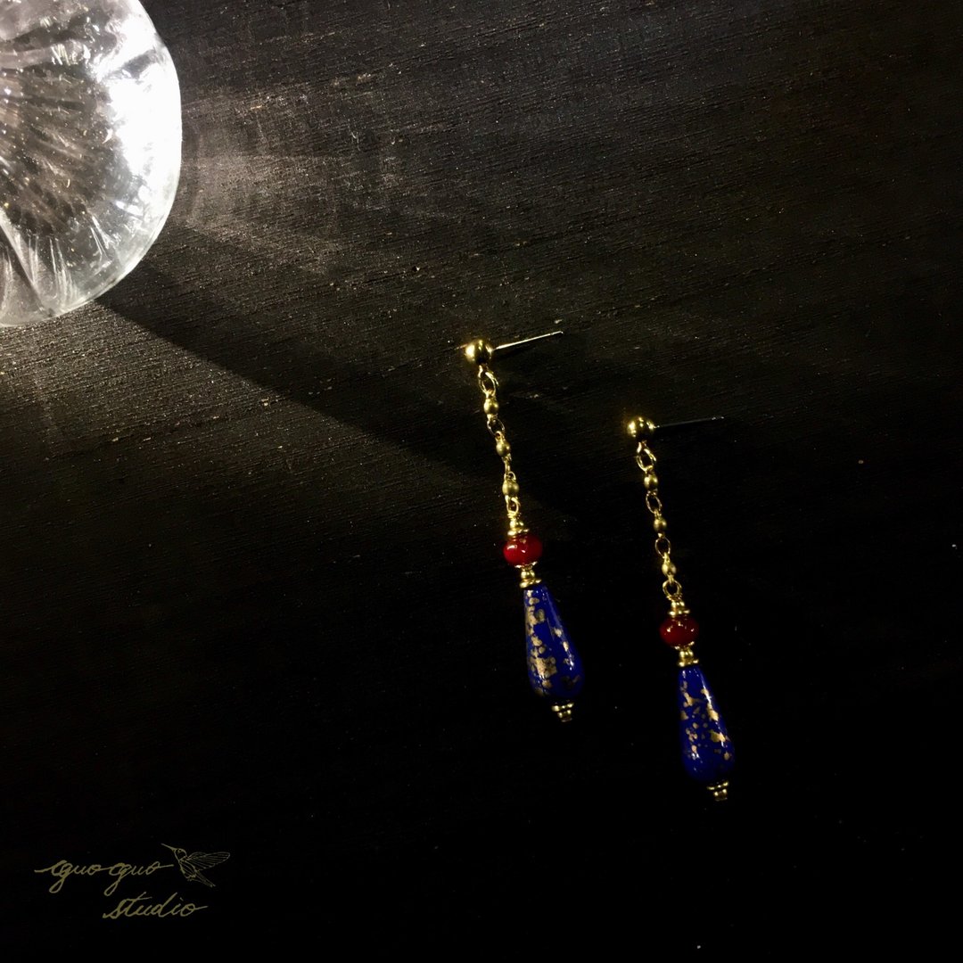蓝金酒红琉璃长链耳环 耳夹 - 耳环/耳夹 - 琉璃 蓝色