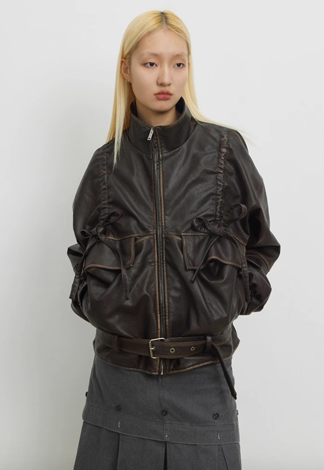 Belted Coat 擦色绳结大廓形皮衣 - 女装休闲/机能外套 - 其他材质 咖啡色