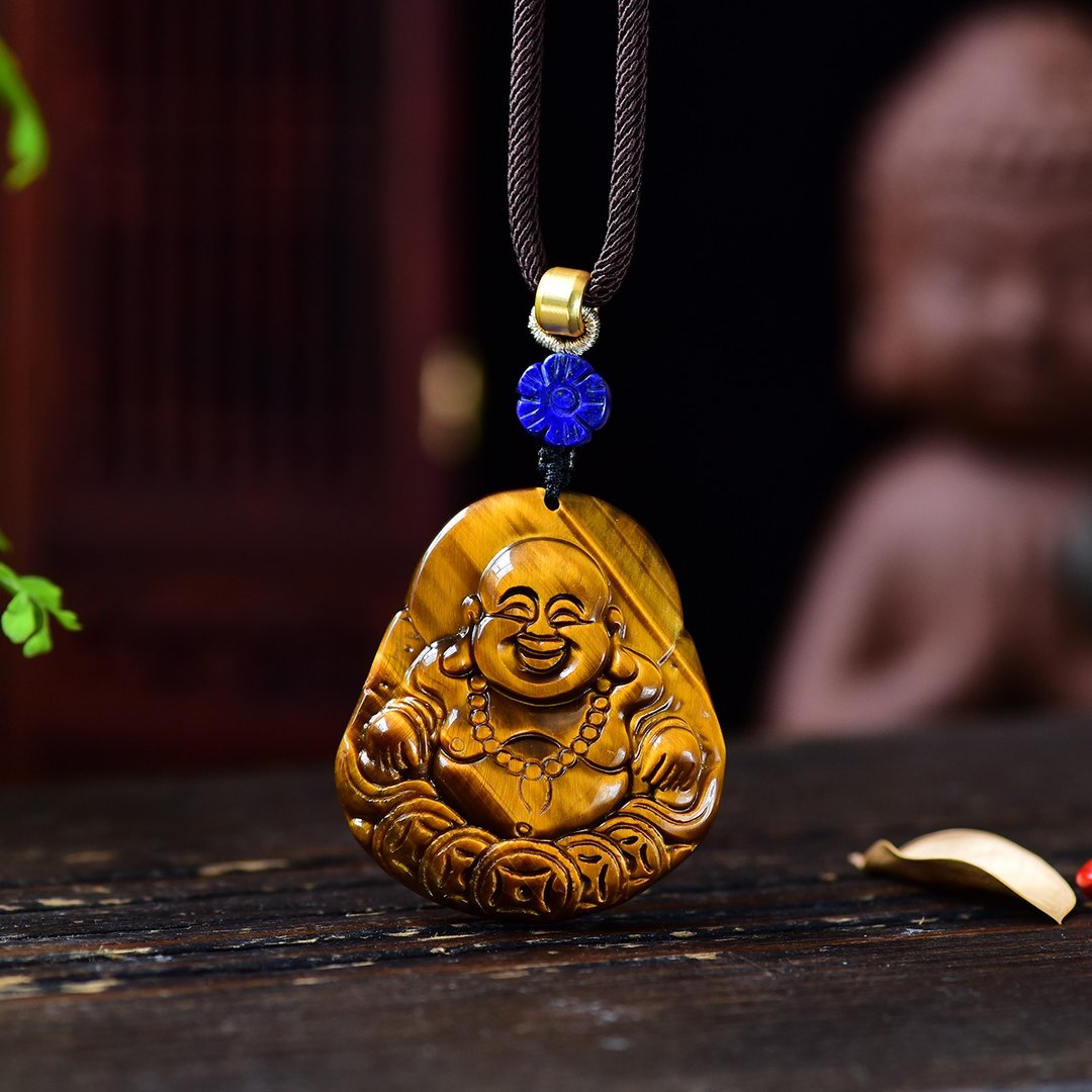 精品天然虎眼石佛公吊坠 搭配高档手工项链绳 手工精雕 坚定信念 - 项链 - 宝石 